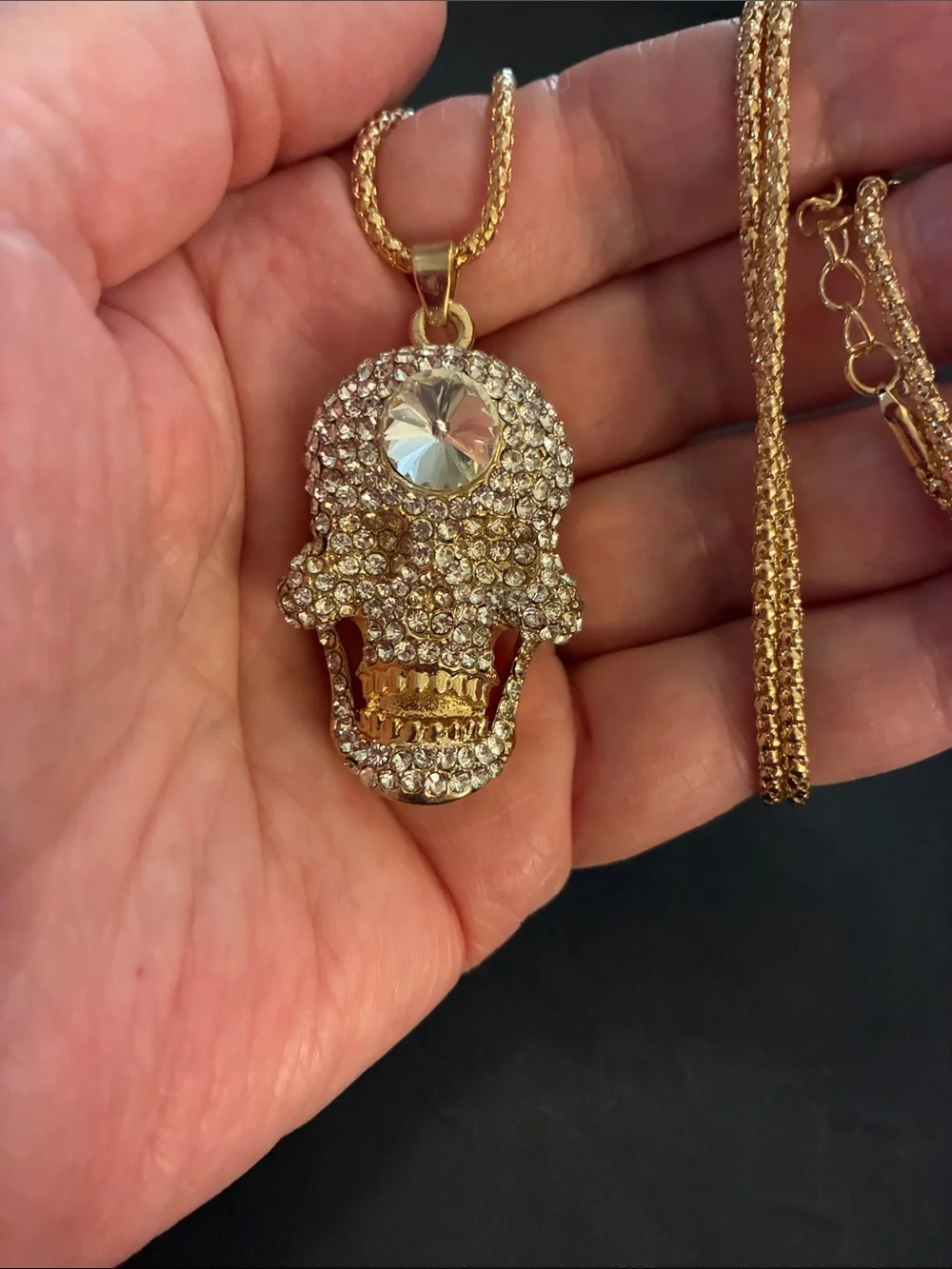 Crystal Gold Tone Skull Pendant Necklace